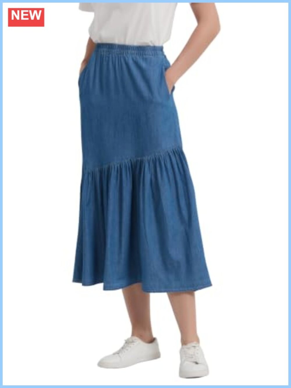 Womens Cotton Denim Long Midi Skirt Pleated A-Line Elastic Waist
